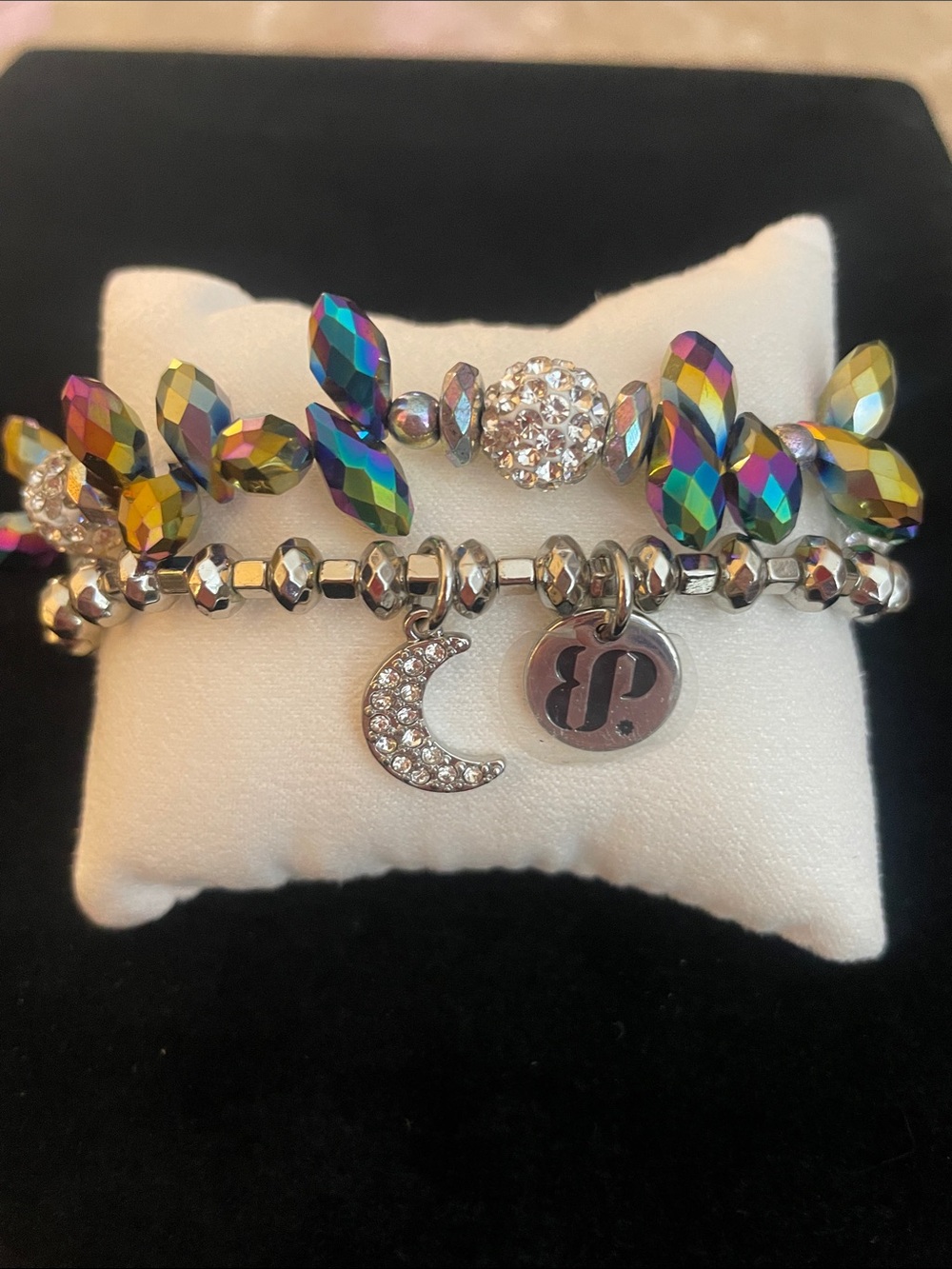 BOMB PARTY BP Iridescent Crystal Bead Stretch Bracelet Set with Moon Charm NEW!